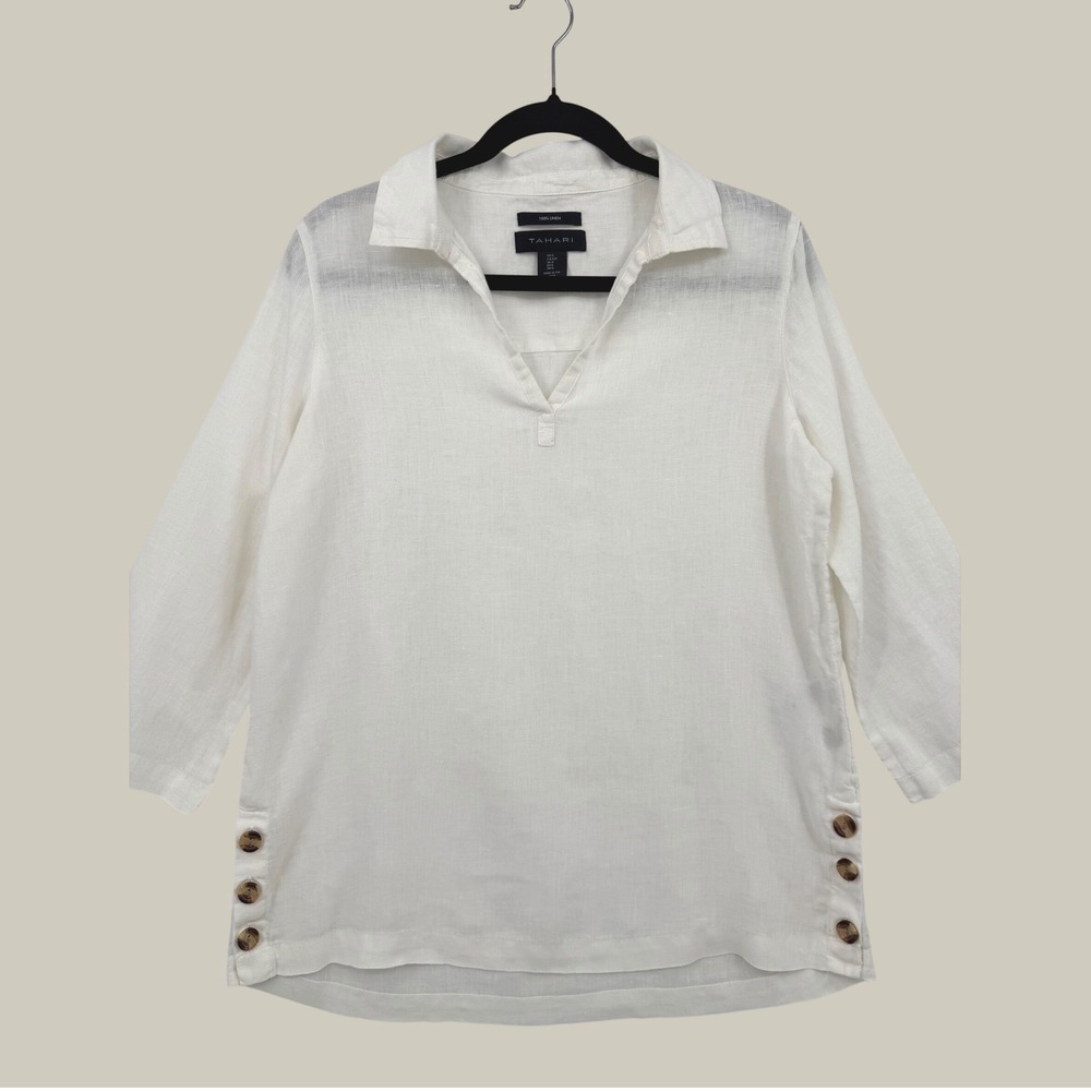Tahari Women White 100% Linen 3/4 Sleeve Button Side Tunic Top Small